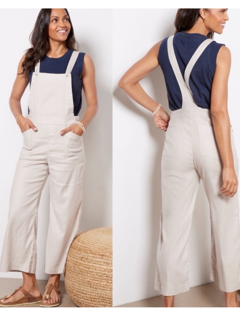 Evereve Beth wide leg Linen Blend Overalls in Barely Beige Sz 27